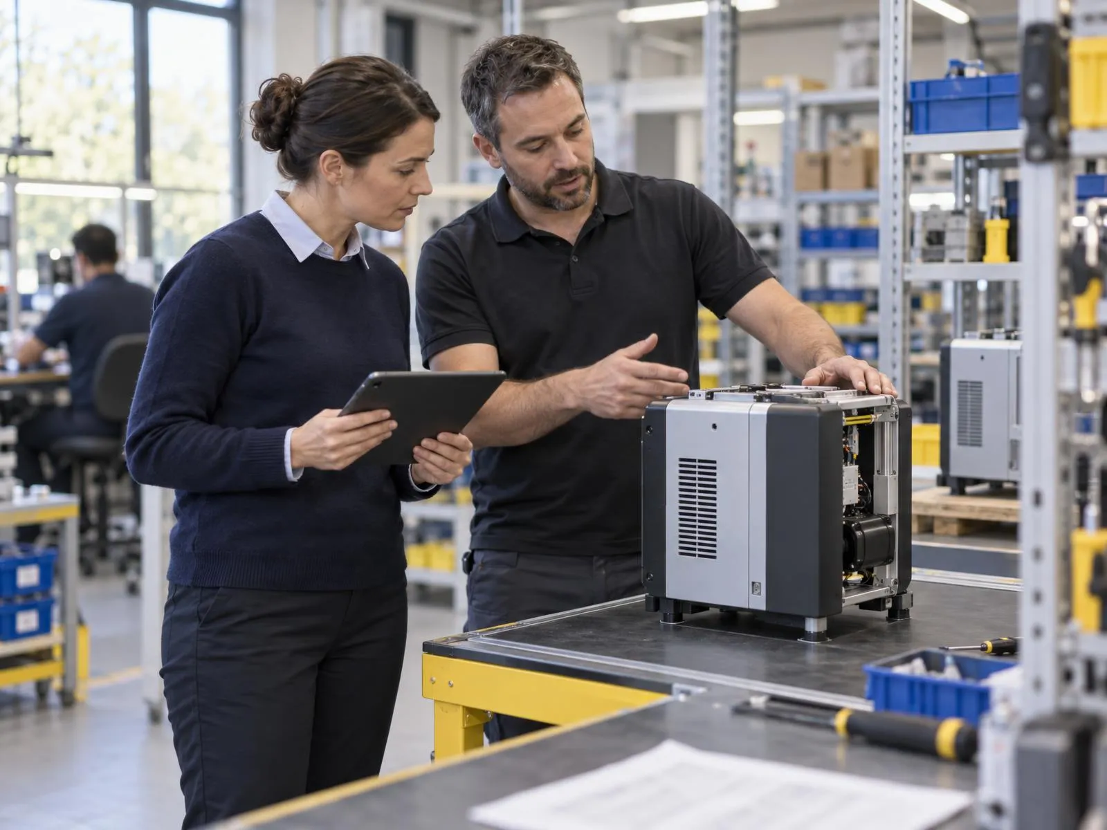 Auditeur examinant un appareil sur un poste d’assemblage avec le responsable de production