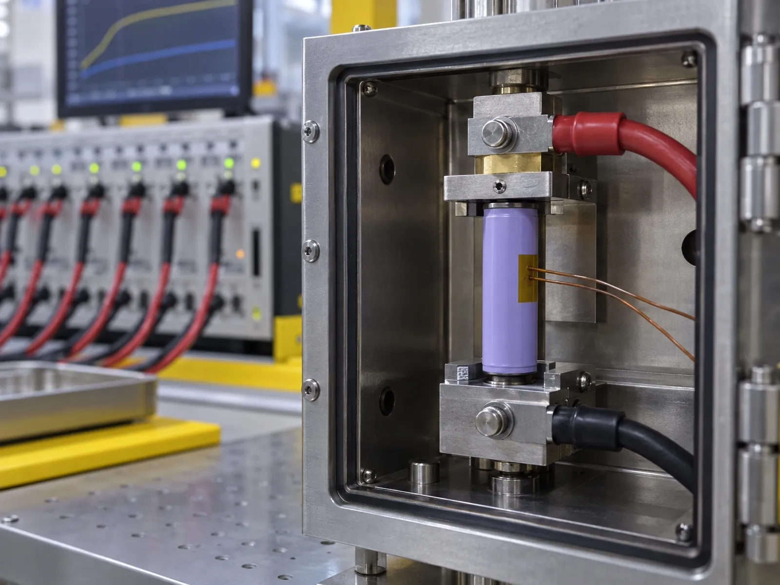 Élément lithium cylindrique dans un montage d’essai protégé, relié à un banc de cyclage