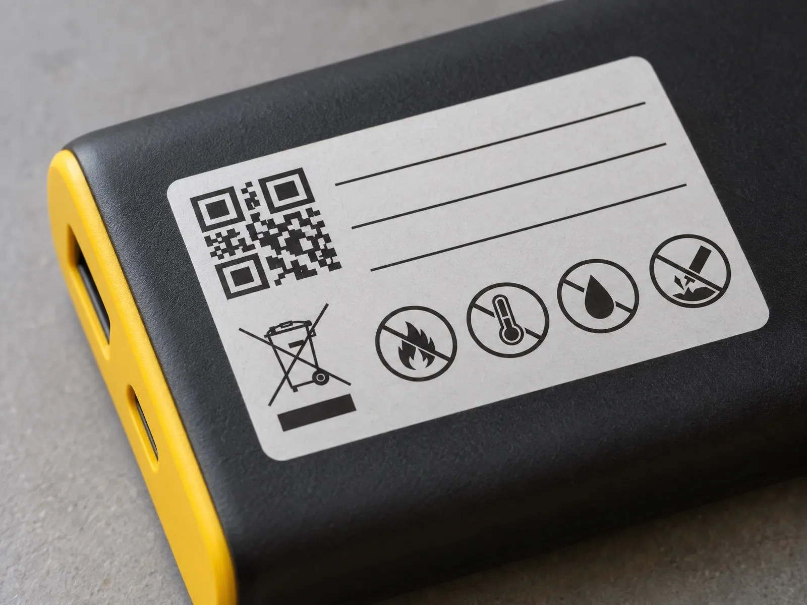 Étiquette d’une batterie portable avec un code QR et le symbole de collecte séparée