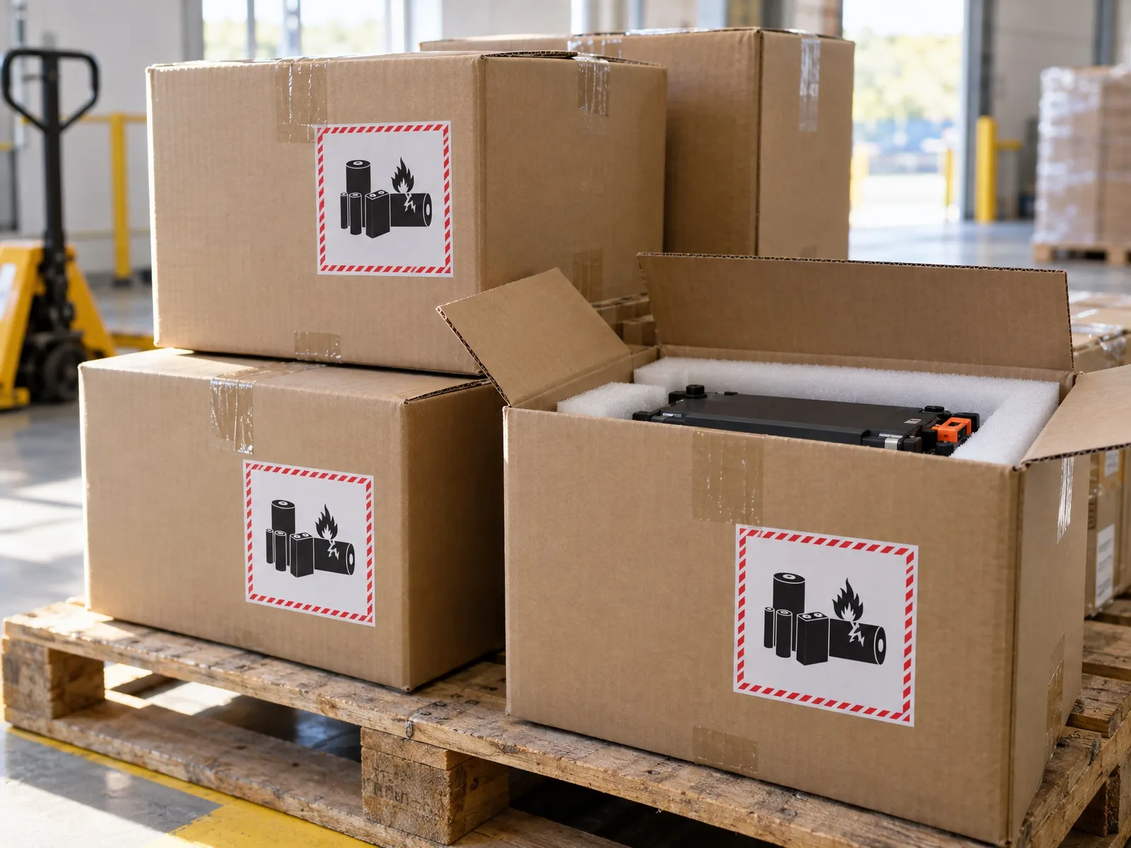 Cartons d’expédition portant une étiquette de manutention batterie, sur une palette