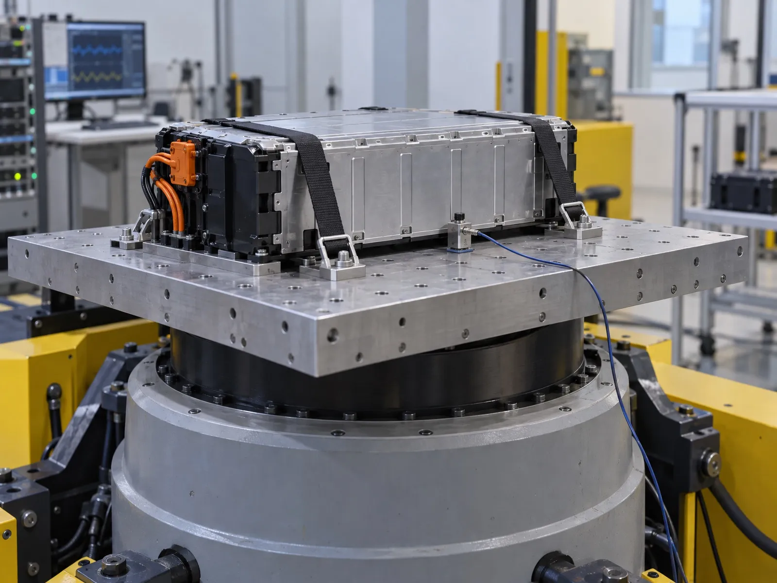 Pack de batteries fixé sur la table d’un vibrateur électrodynamique