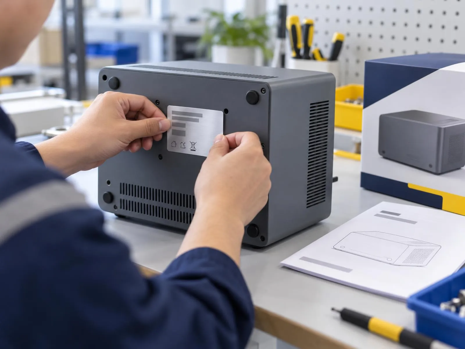 Pose d’une étiquette signalétique sur un produit fini