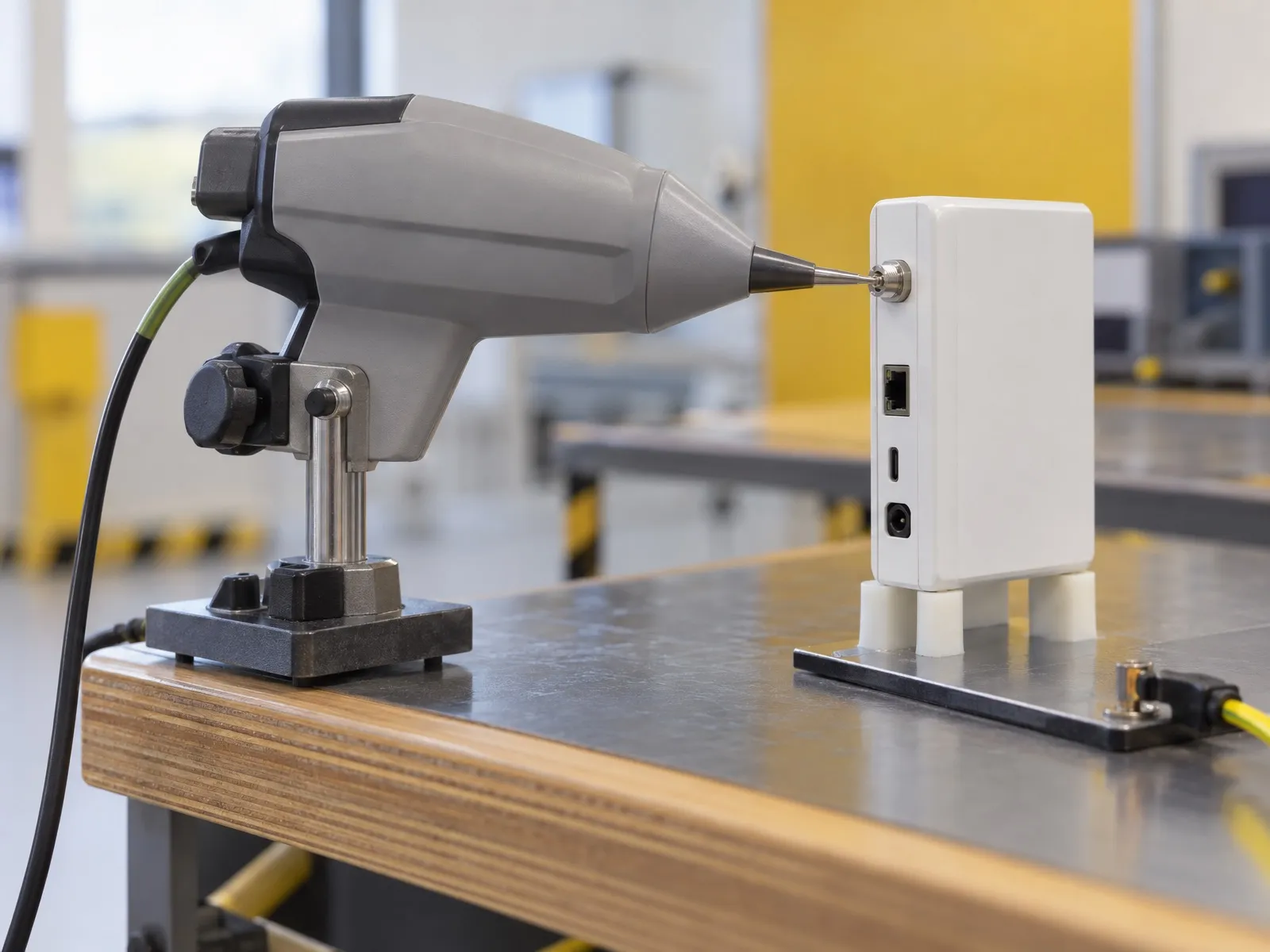 Pistolet de décharge électrostatique appliqué sur le boîtier d’un petit appareil électronique