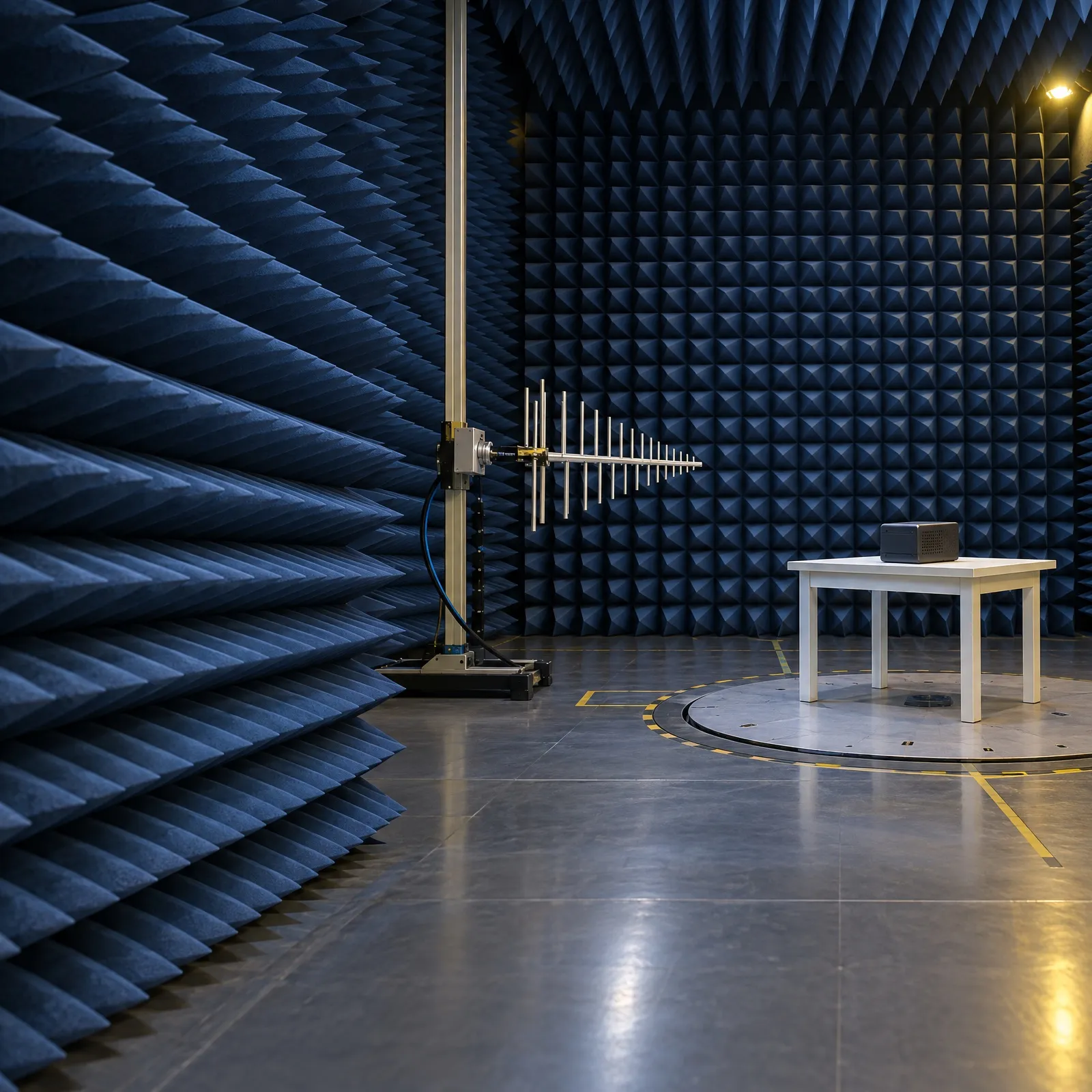 Chambre semi-anéchoïque avec un produit sur table tournante et une antenne