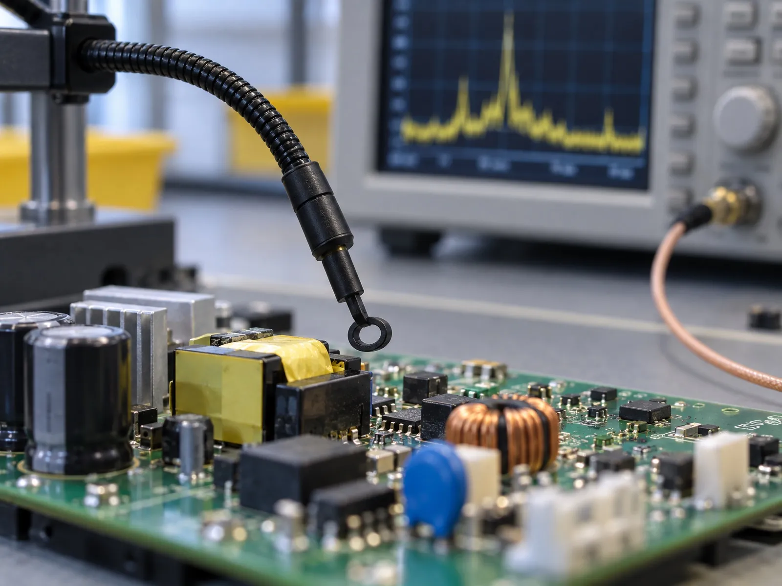 Sonde de champ proche au-dessus d’un circuit imprimé d’alimentation, reliée à un analyseur de spectre
