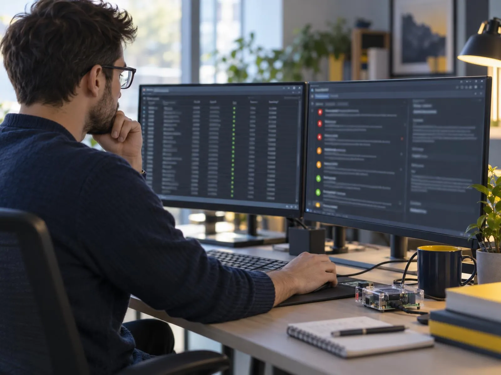 Ingénieur examinant un inventaire de composants logiciels et une liste de vulnérabilités