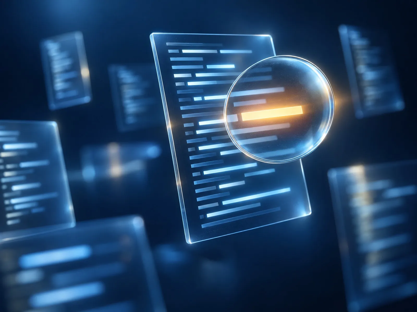 Lentille lumineuse grossissant une ligne de code abstraite en orange