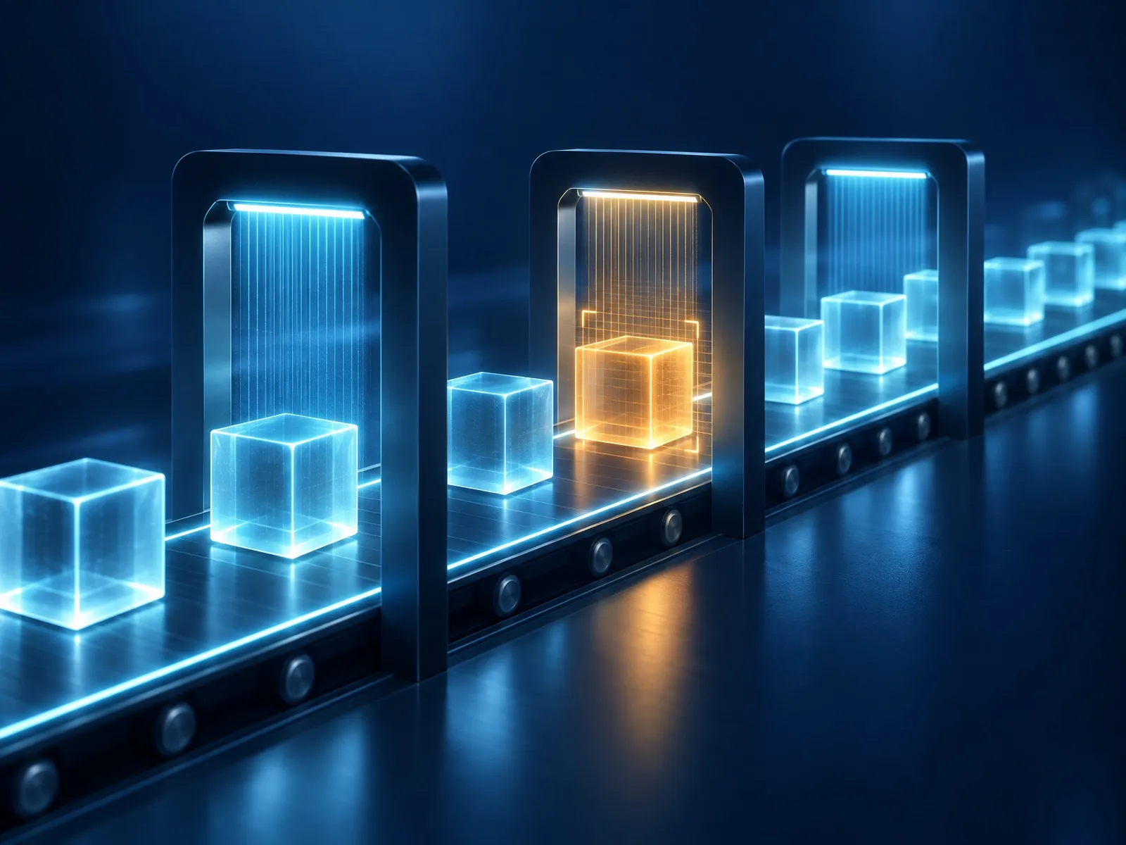 Cubes lumineux passant sous des arches de contrôle, l’un retenu en orange