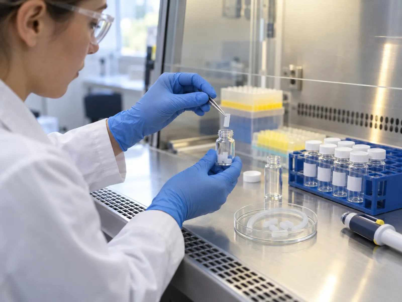 Scientifique plaçant des échantillons de tubulure en silicone dans des flacons d'extraction