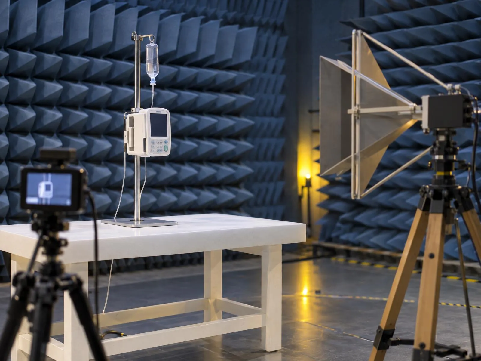 Pompe à perfusion dans une chambre anéchoïque, face à une antenne cornet, surveillée par une caméra