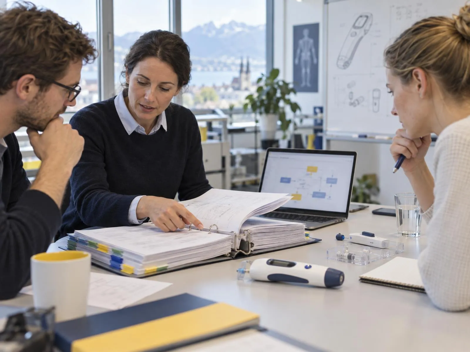 Consultant et ingénieurs examinant une documentation réglementaire