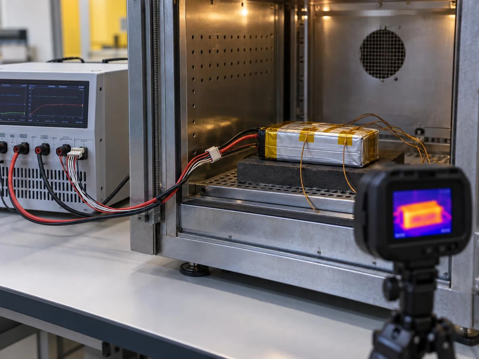 Batterie instrumentée dans une enceinte climatique, observée par une caméra thermique