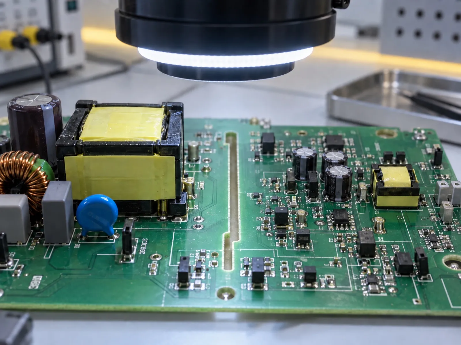 Circuit imprimé d’alimentation avec fente d’isolation entre primaire et secondaire, sous un microscope de mesure