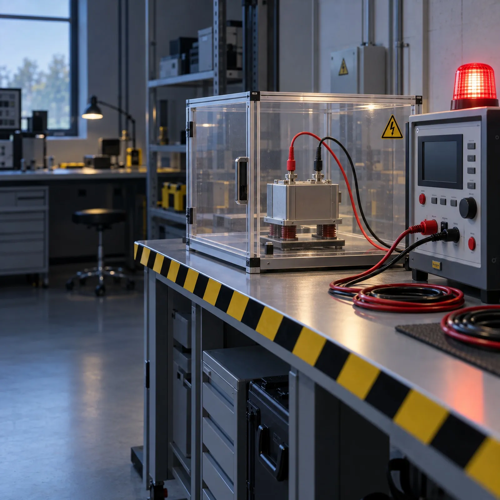 Testeur de sécurité électrique relié à un appareil dans une enceinte de protection