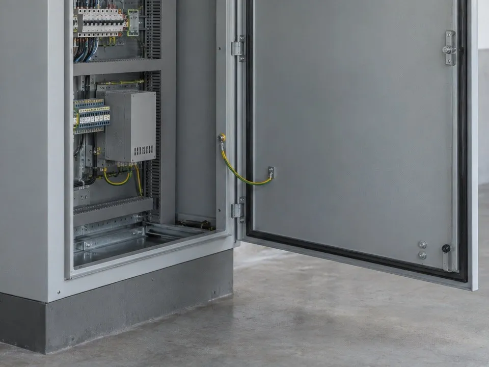 Armoire électrique porte ouverte avec son conducteur de protection