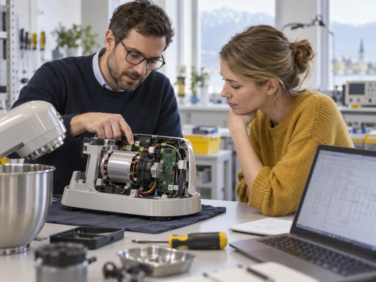 Un ingénieur et une designer examinent le moteur et la carte électronique d'un robot de cuisine ouvert