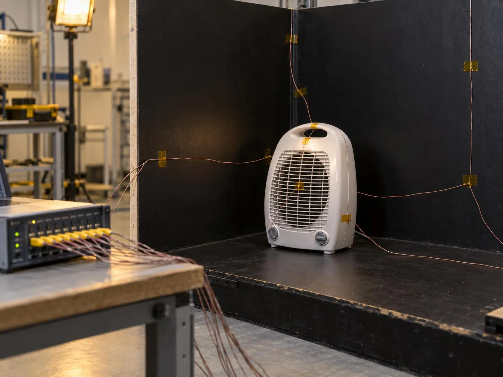 Radiateur soufflant placé dans un coin d'essai noir, thermocouples reliés à un enregistreur de température