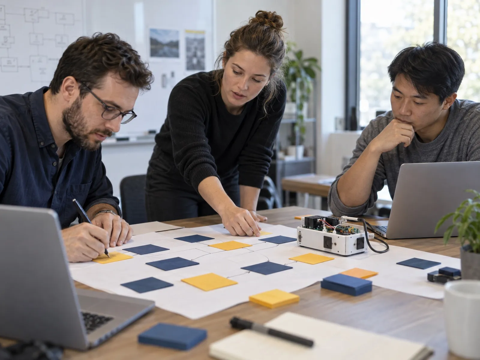 Ingénieurs construisant une carte de scénarios de menaces avec des notes autocollantes autour d’un prototype