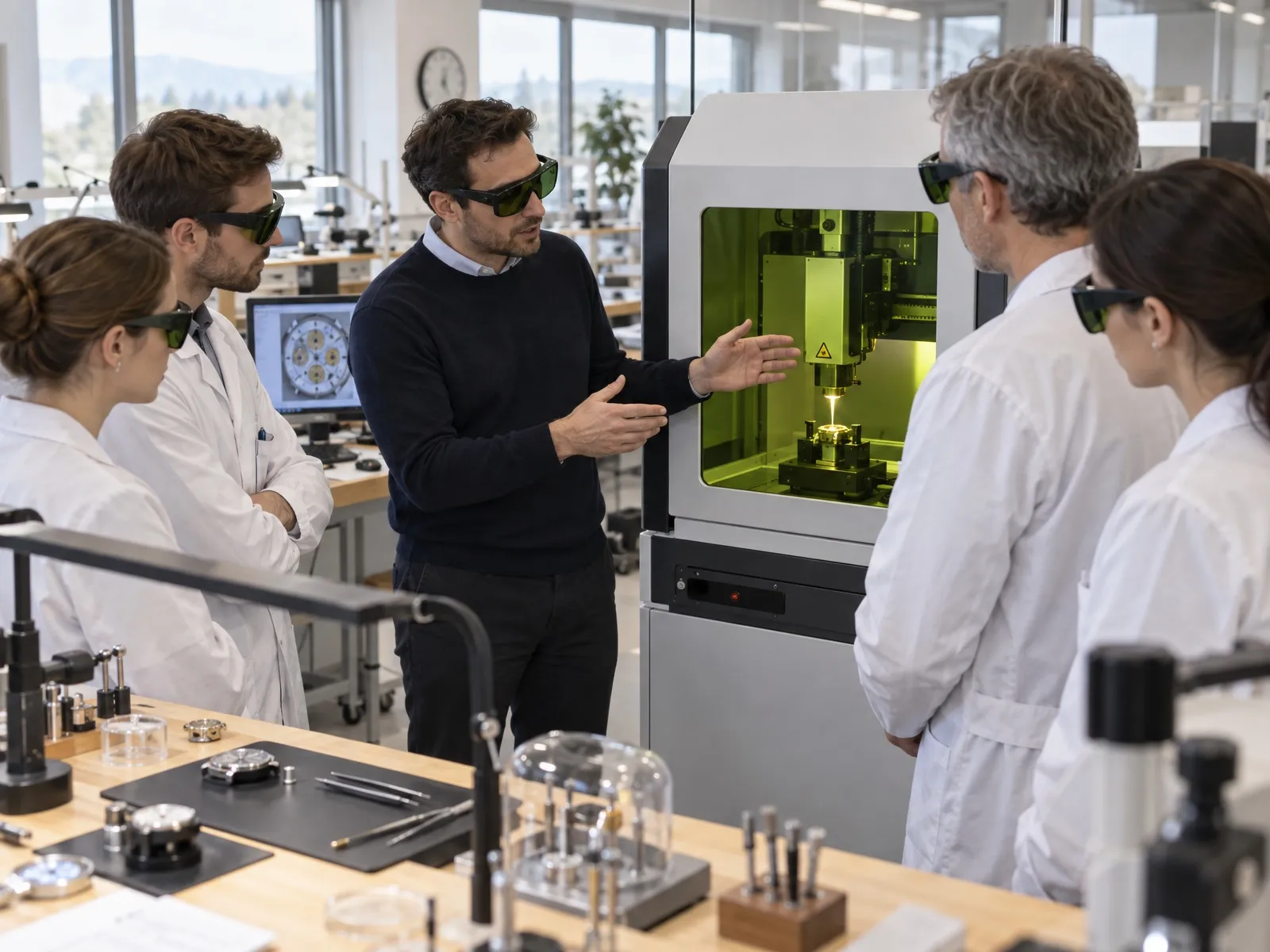 Formateur expliquant un poste de soudage laser capoté à des employés en blouse avec lunettes de protection