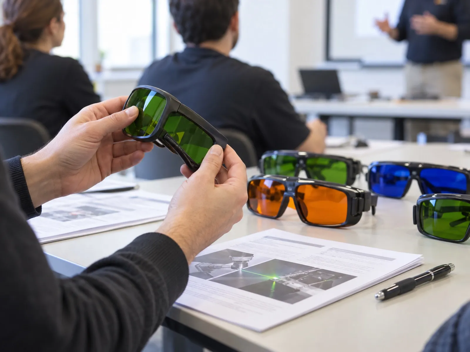 Lunettes de protection laser à filtres verts, orange et bleus alignées sur une table de formation