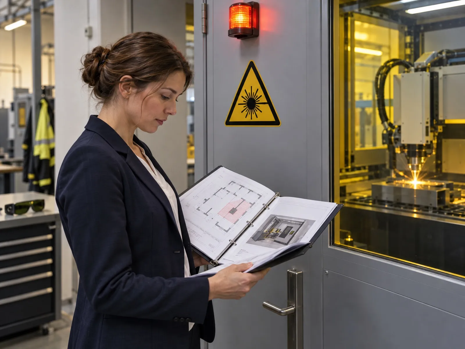 Responsable sécurité laser à l’entrée d’une zone laser contrôlée, consultant un concept de sécurité
