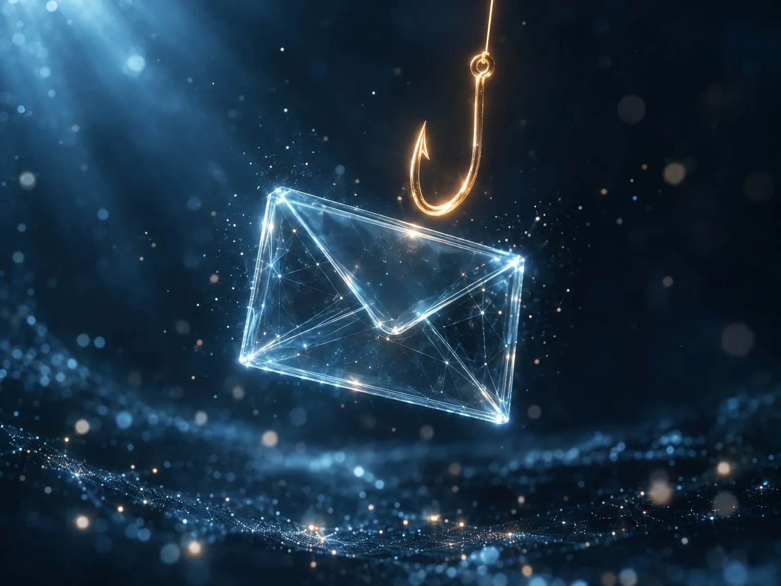 Enveloppe d’e-mail lumineuse visée par un hameçon doré