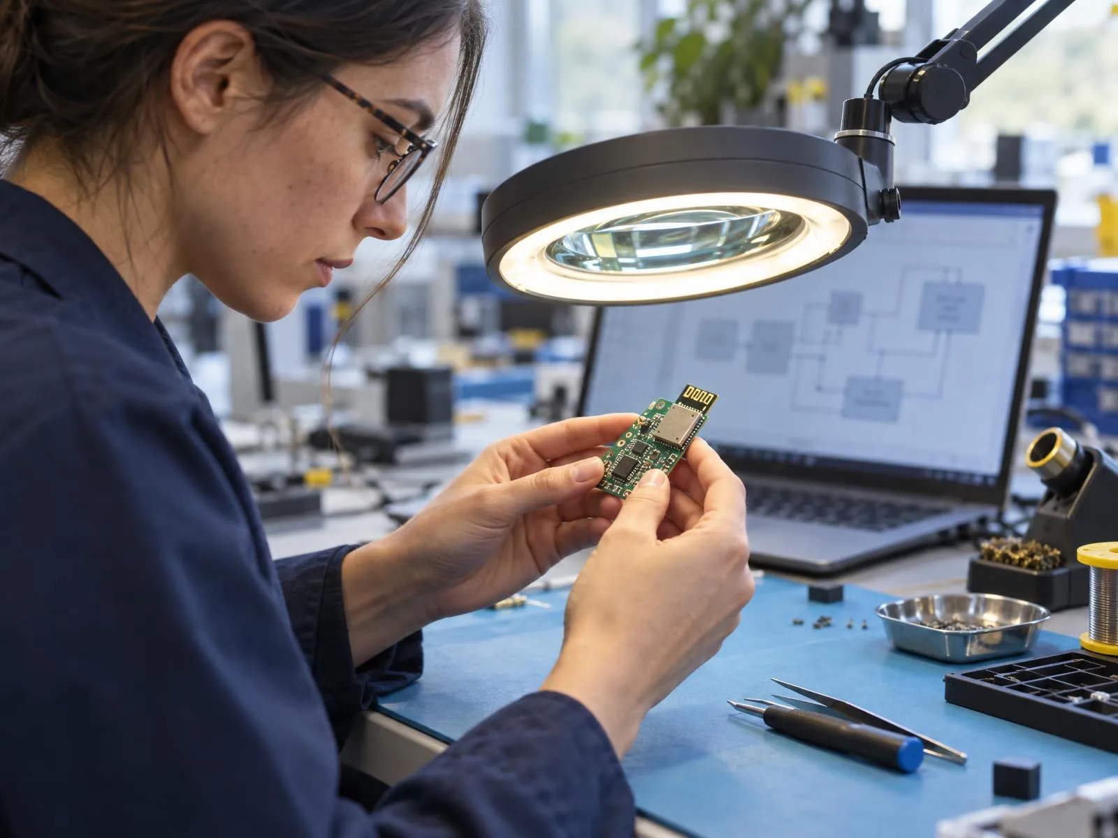 Ingénieure examinant la carte électronique d’un objet connecté