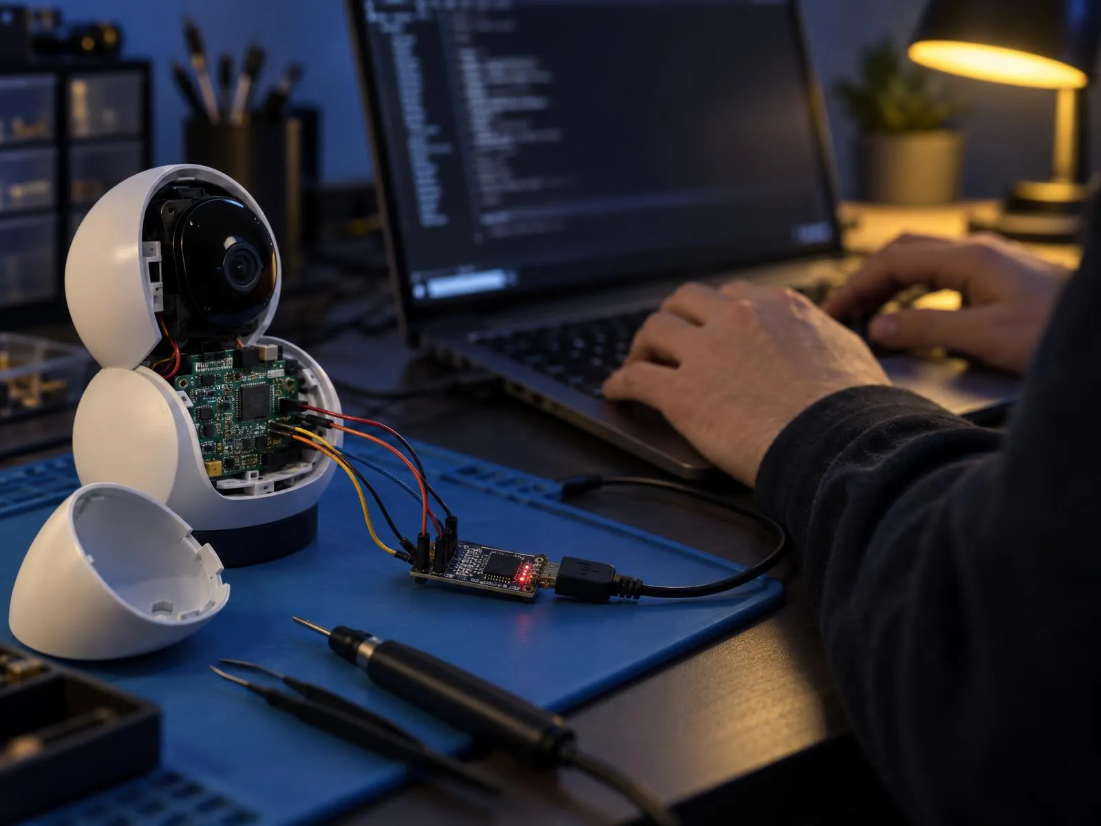 Produit connecté ouvert relié à un ordinateur pour une analyse de sécurité