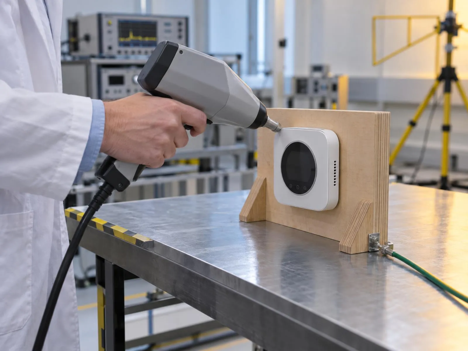 Essai de décharge électrostatique au pistolet sur un thermostat connecté
