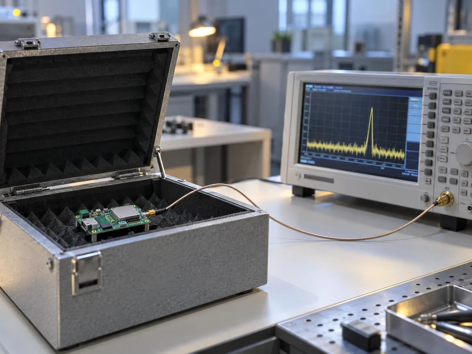 Carte électronique radio dans une enceinte blindée ouverte, reliée par câble à un analyseur de spectre