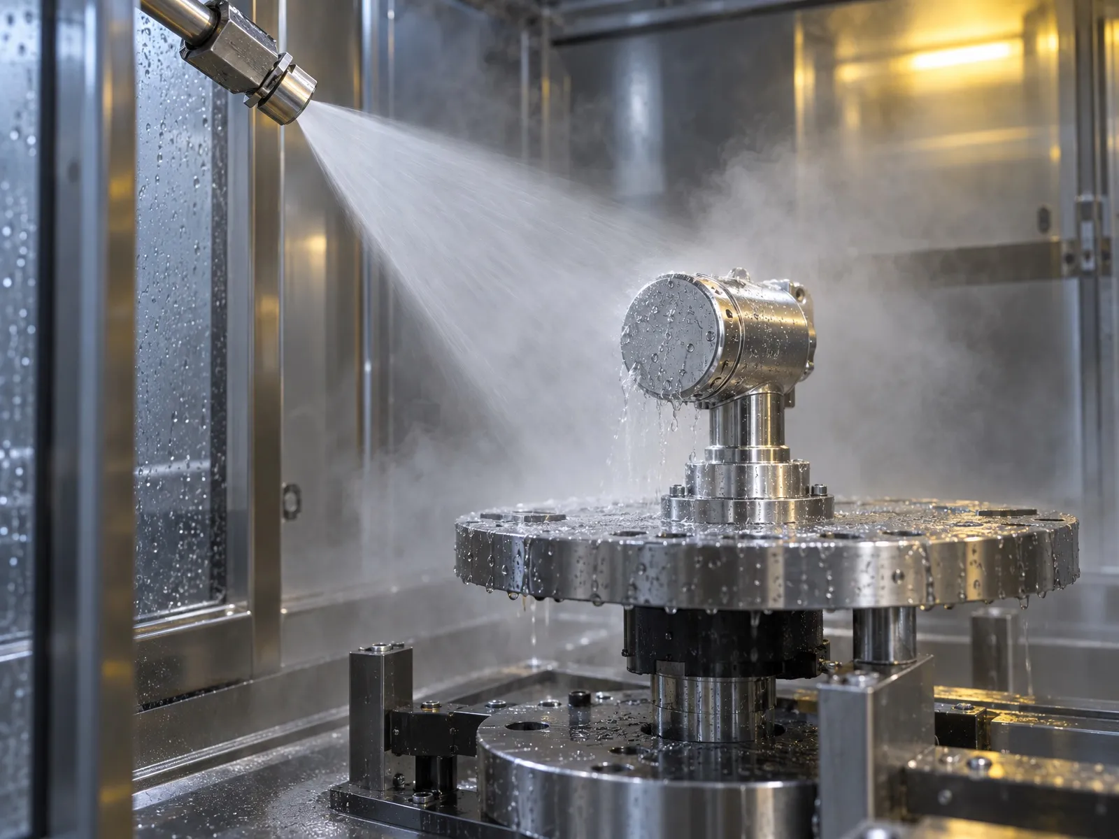 Jet d’eau chaude à haute pression sur un capteur inox en essai