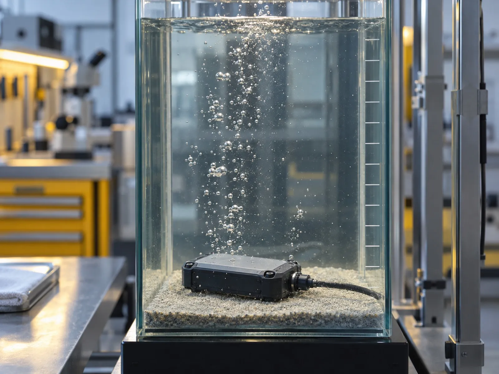 Appareil étanche au fond d’une cuve d’eau transparente