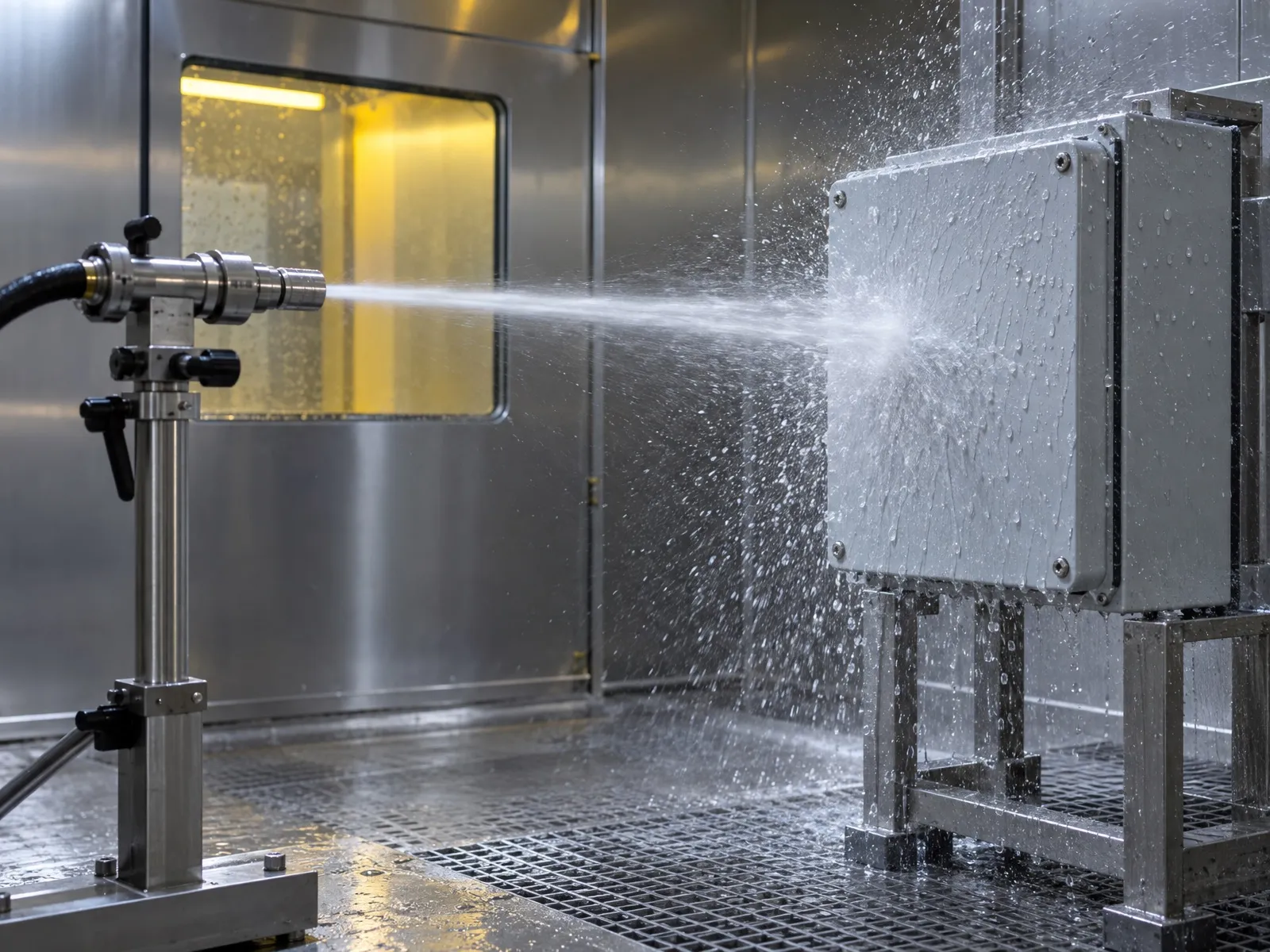 Jet d’eau puissant projeté par une buse sur un coffret électrique
