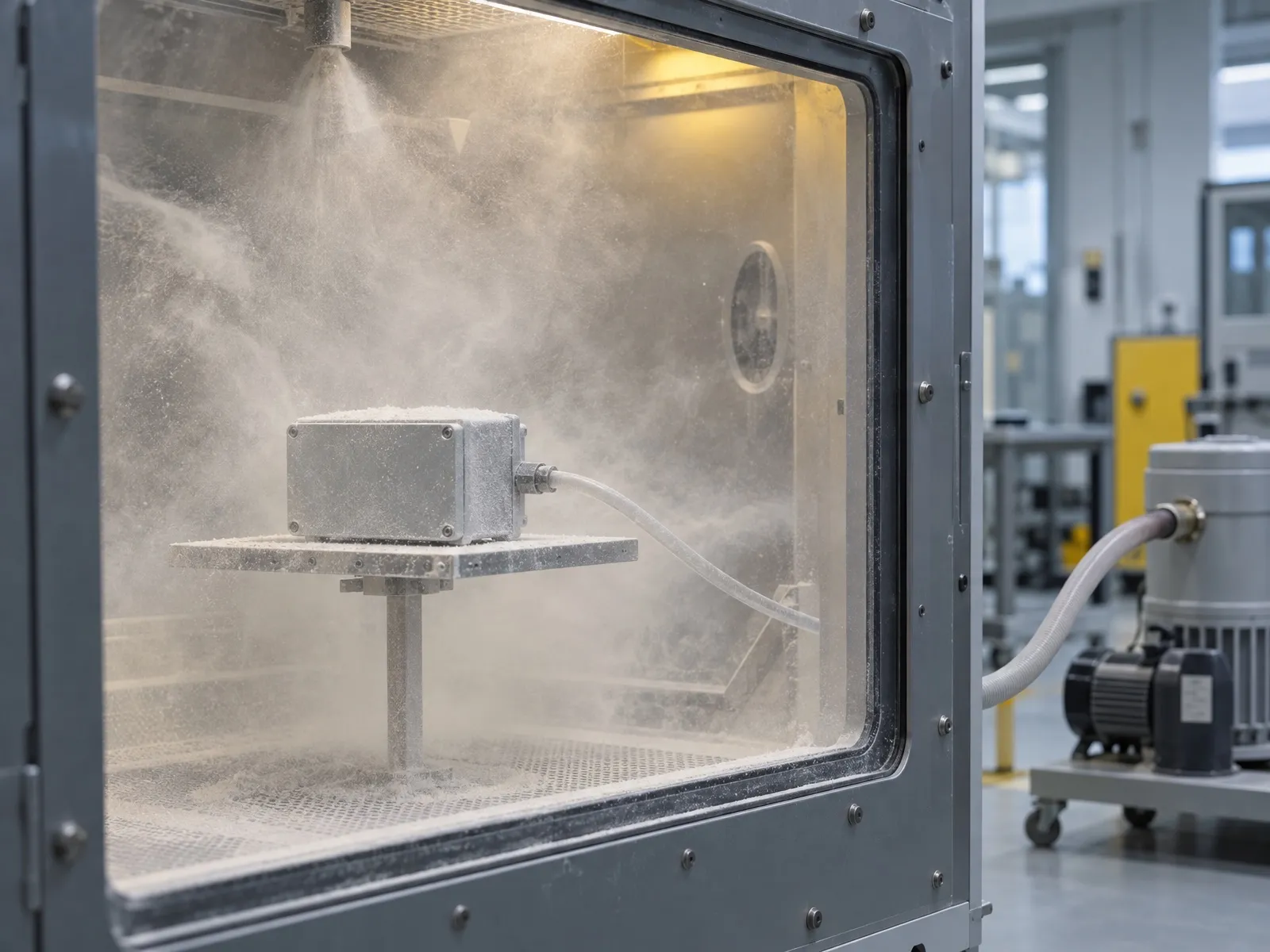 Chambre à poussière avec un nuage de talc autour d’un boîtier relié à une pompe