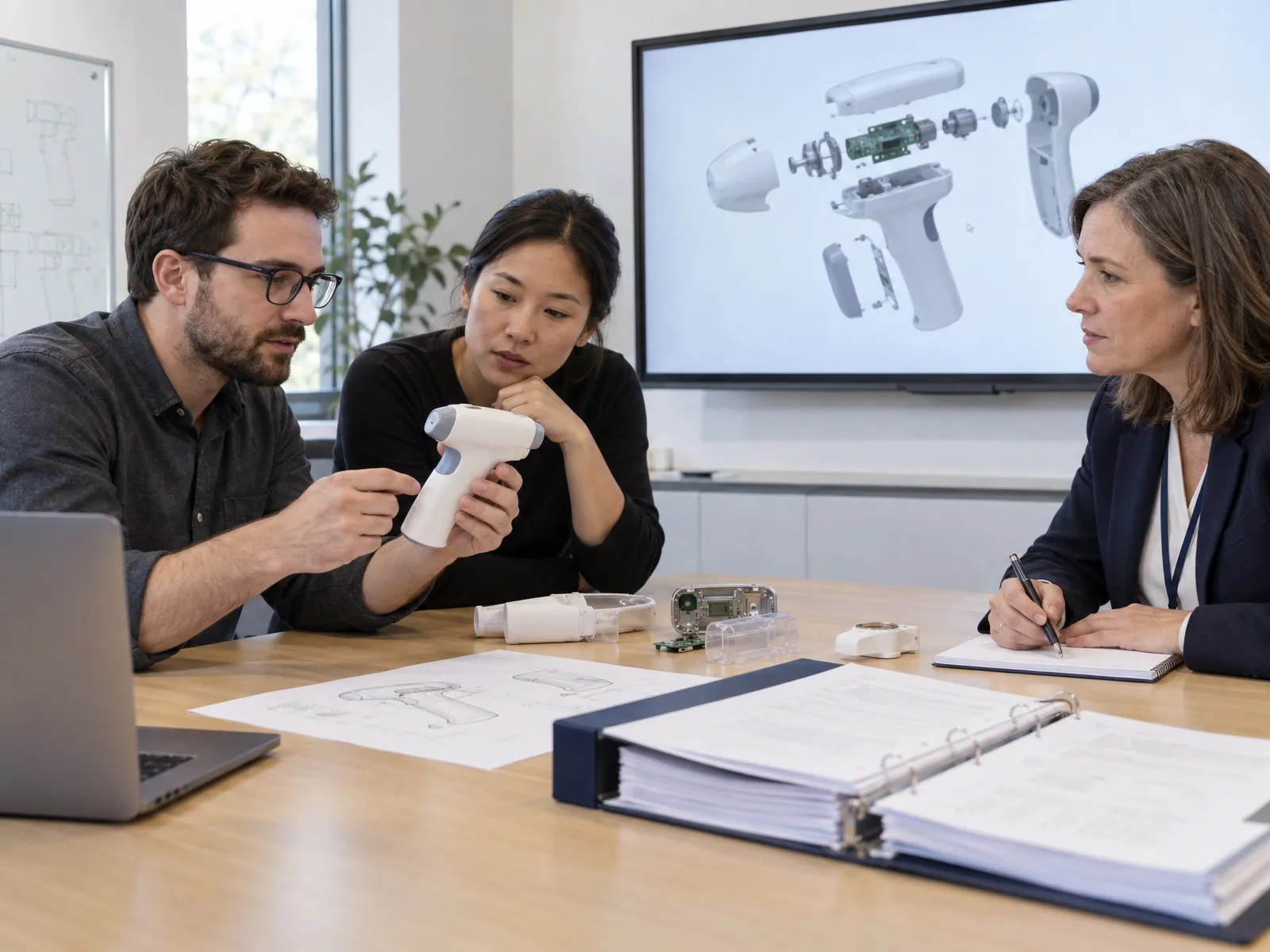 Revue de conception d’un dispositif médical portable avec un prototype et une vue éclatée