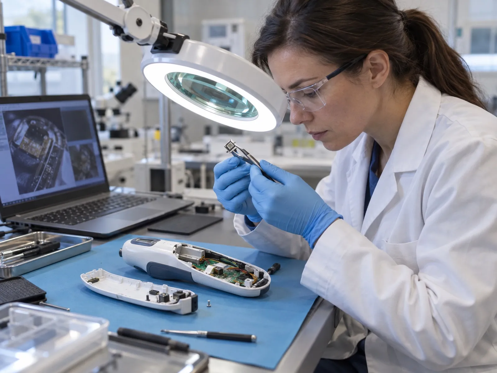 Ingénieure qualité examinant à la loupe un dispositif médical retourné, ouvert sur un établi