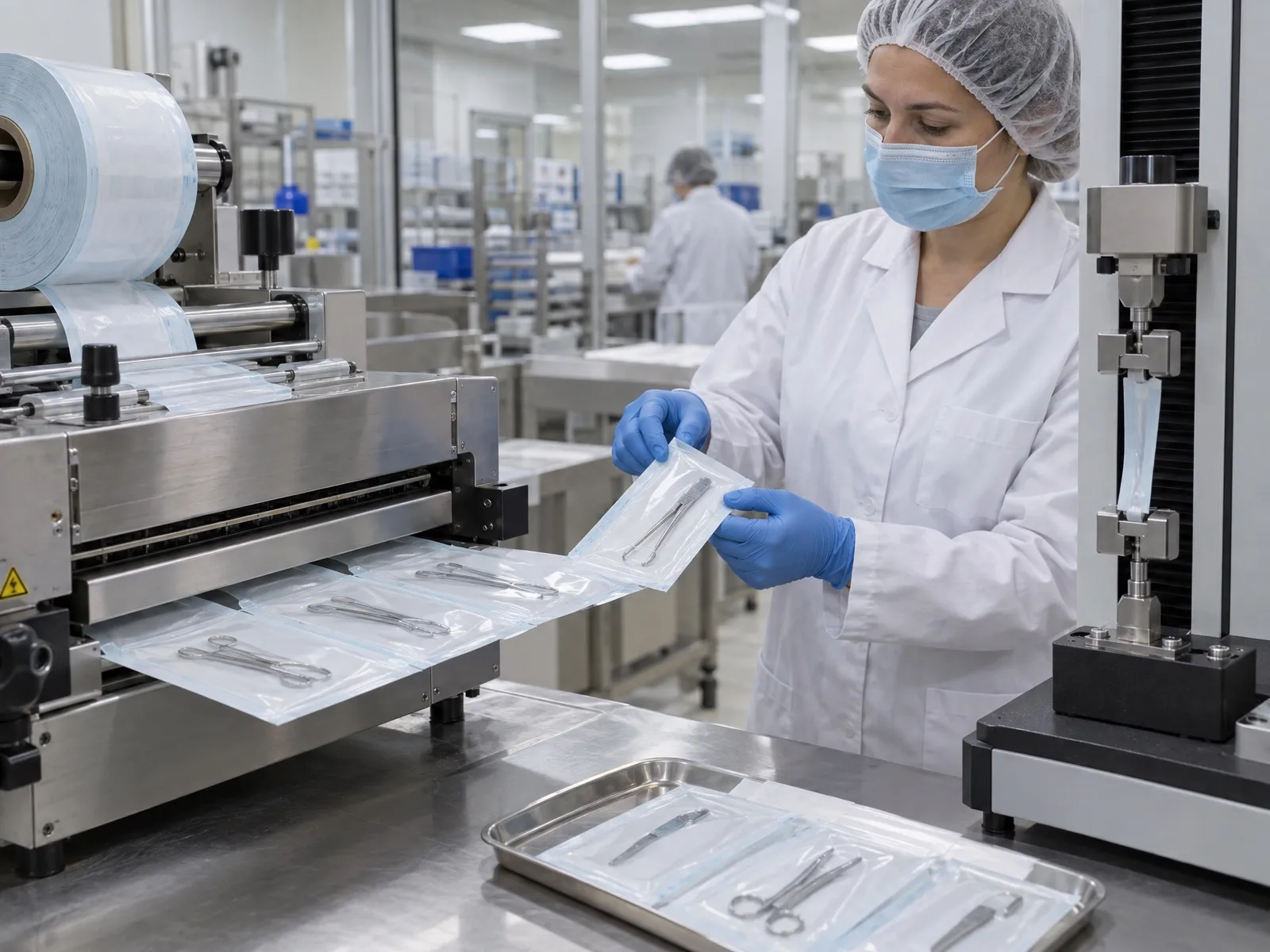 Scellage de sachets stériles et essai de pelage sur une machine de traction