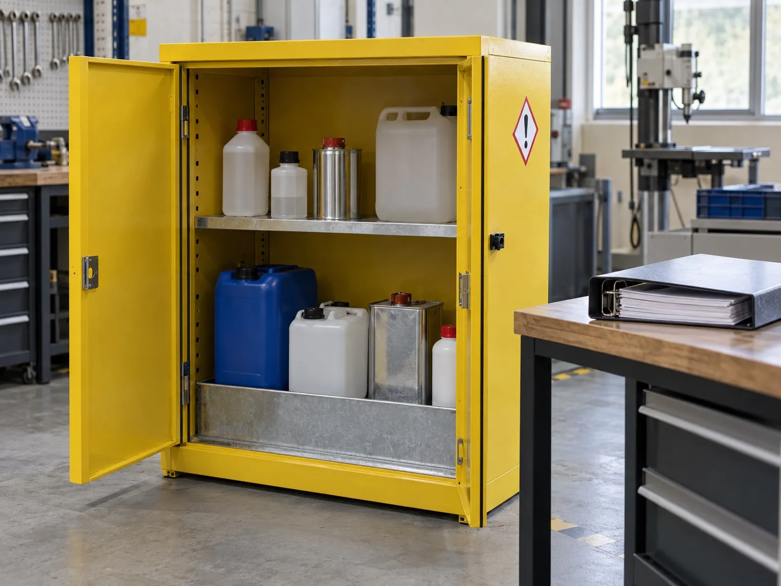 Armoire de sécurité jaune pour produits chimiques avec bac de rétention, classeur de fiches de données de sécurité
