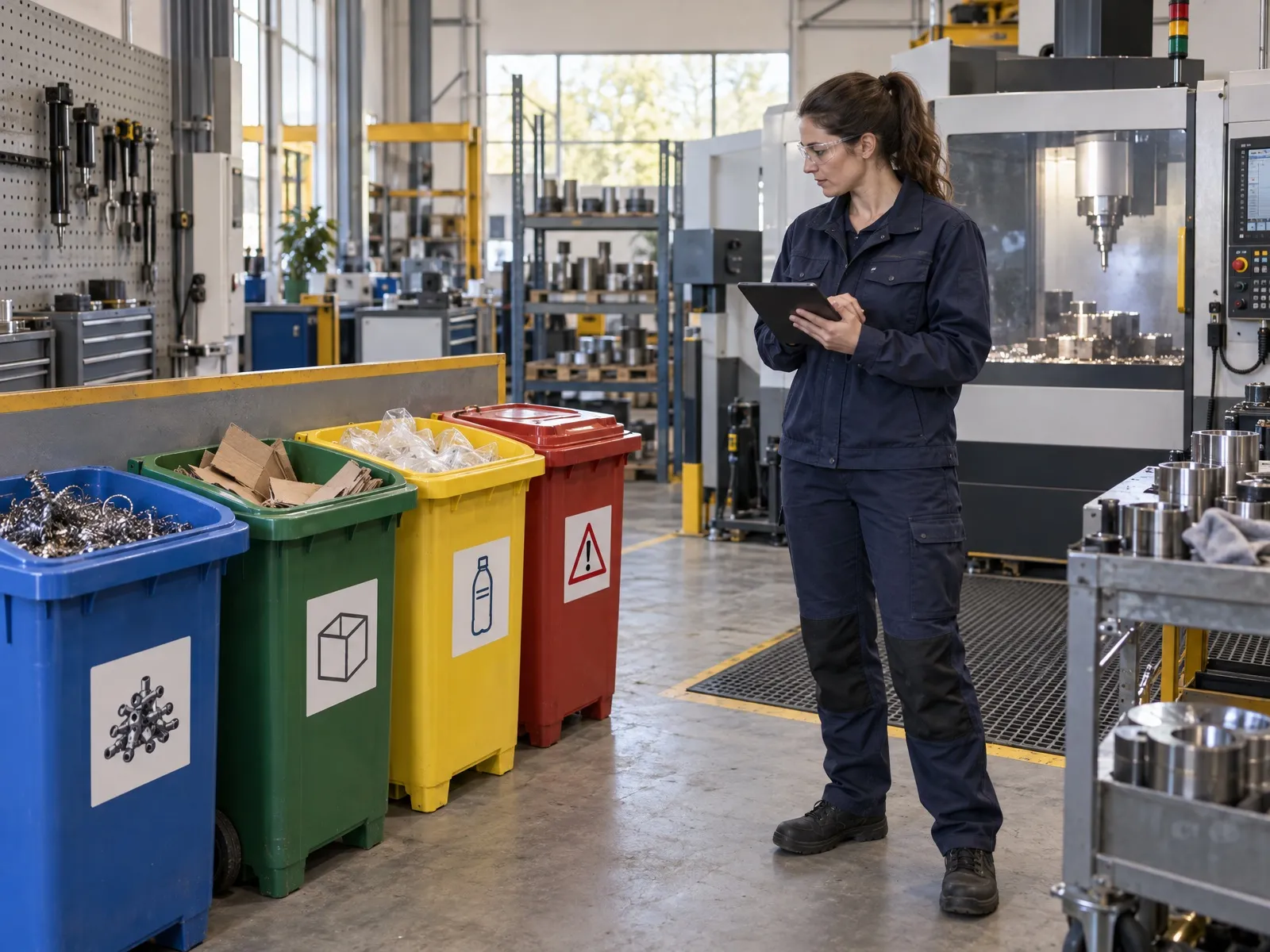 Bacs de tri des déchets colorés à côté d’une machine-outil, une responsable avec une tablette