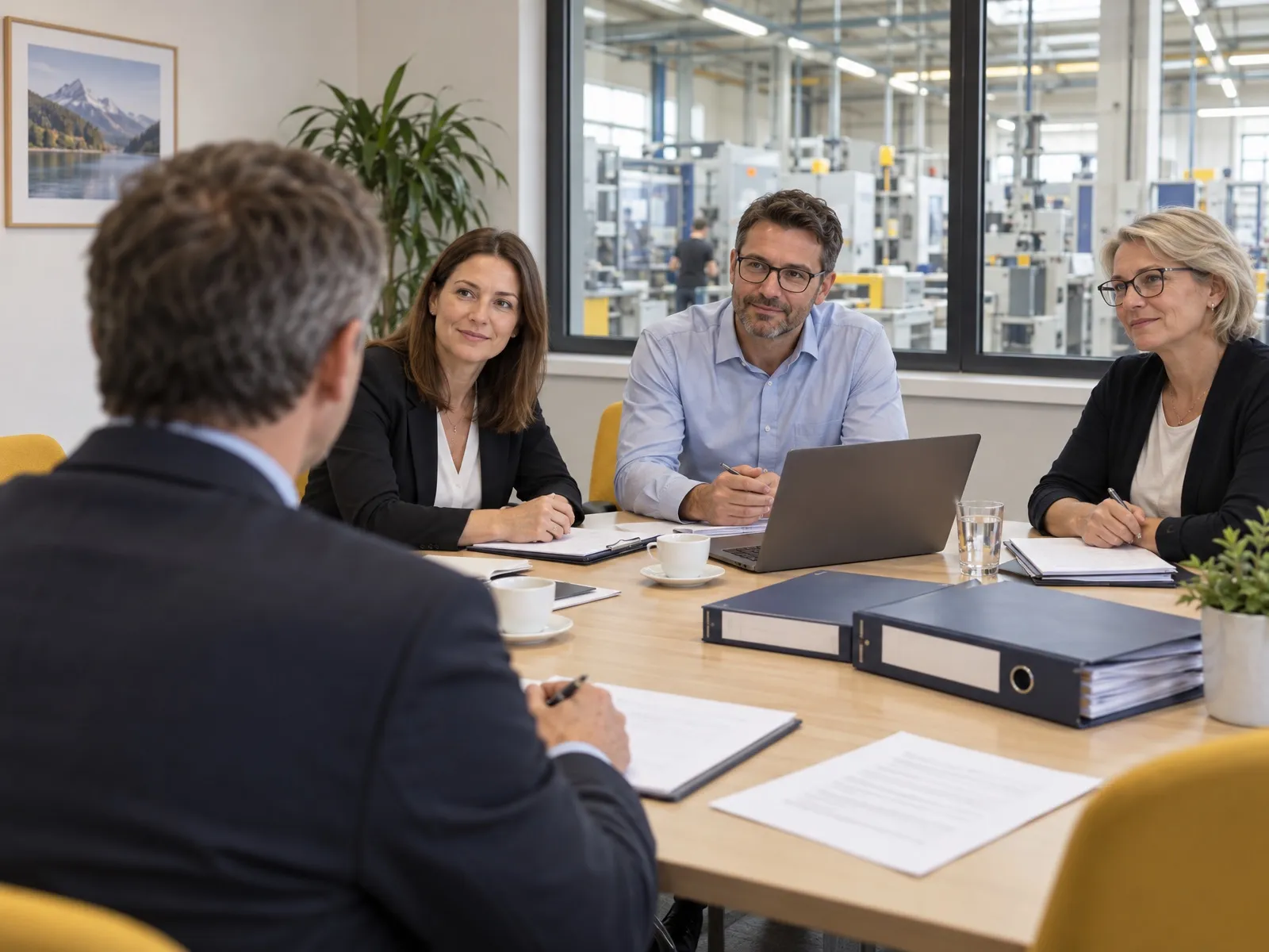 Réunion d’ouverture d’un audit autour d’une table, classeurs et ordinateur portable
