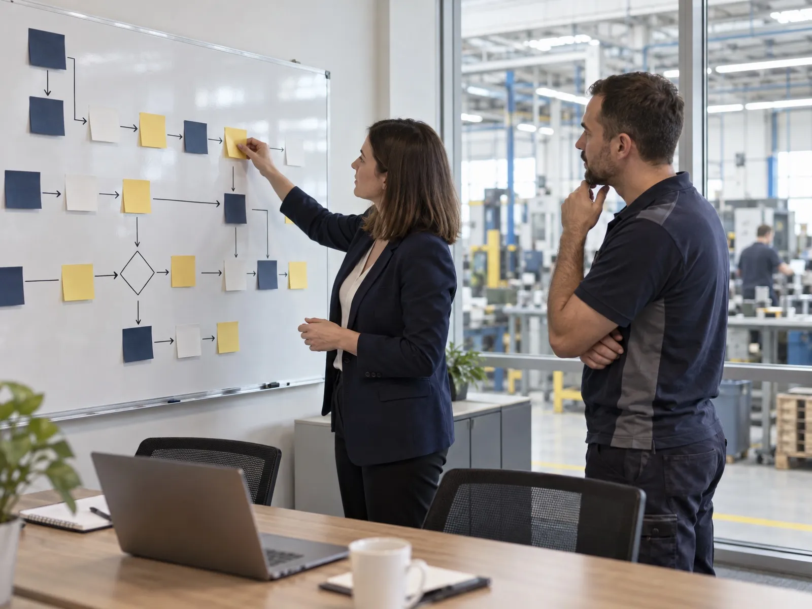 Atelier de cartographie des processus avec des notes autocollantes sur un tableau blanc