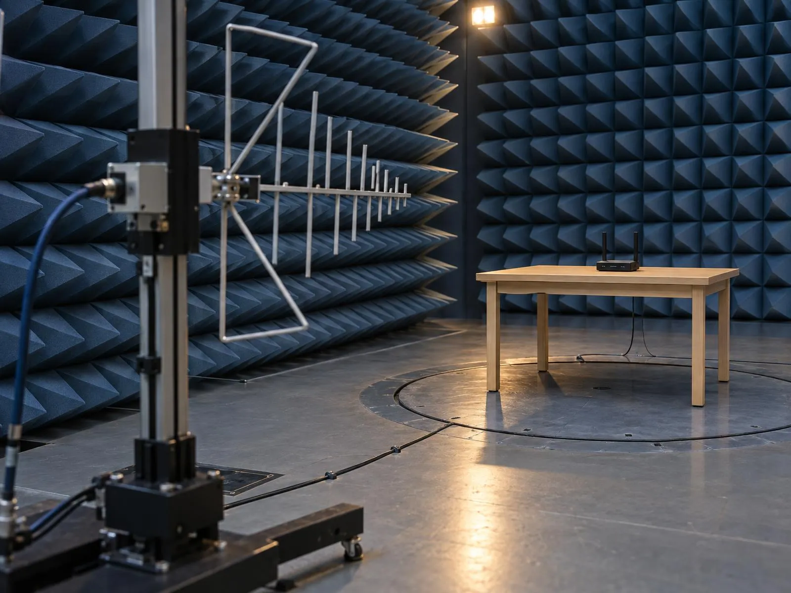 Chambre semi-anéchoïque avec une antenne de mesure face à un produit posé sur une table tournante