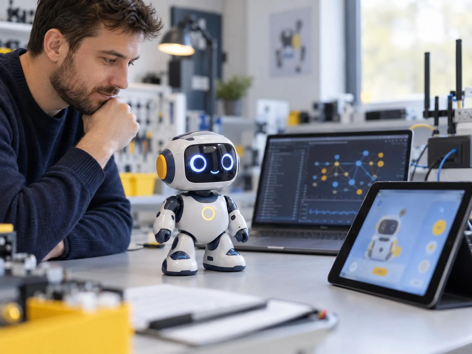 Robot jouet interactif testé à côté d'une tablette et d'un ordinateur d'analyse réseau
