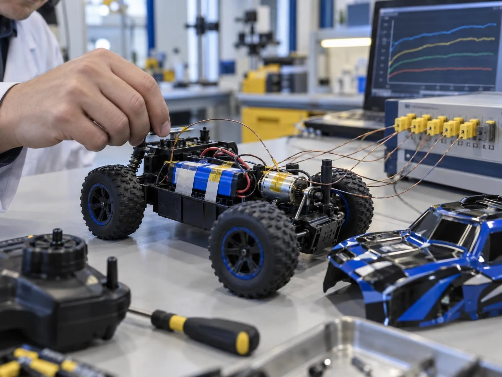 Voiture radiocommandée équipée de thermocouples reliés à un enregistreur de température