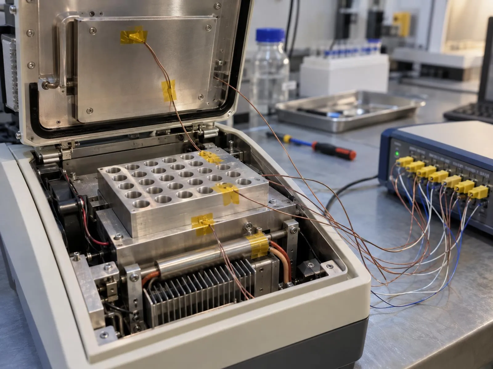 Appareil de laboratoire ouvert équipé de thermocouples reliés à un enregistreur de température