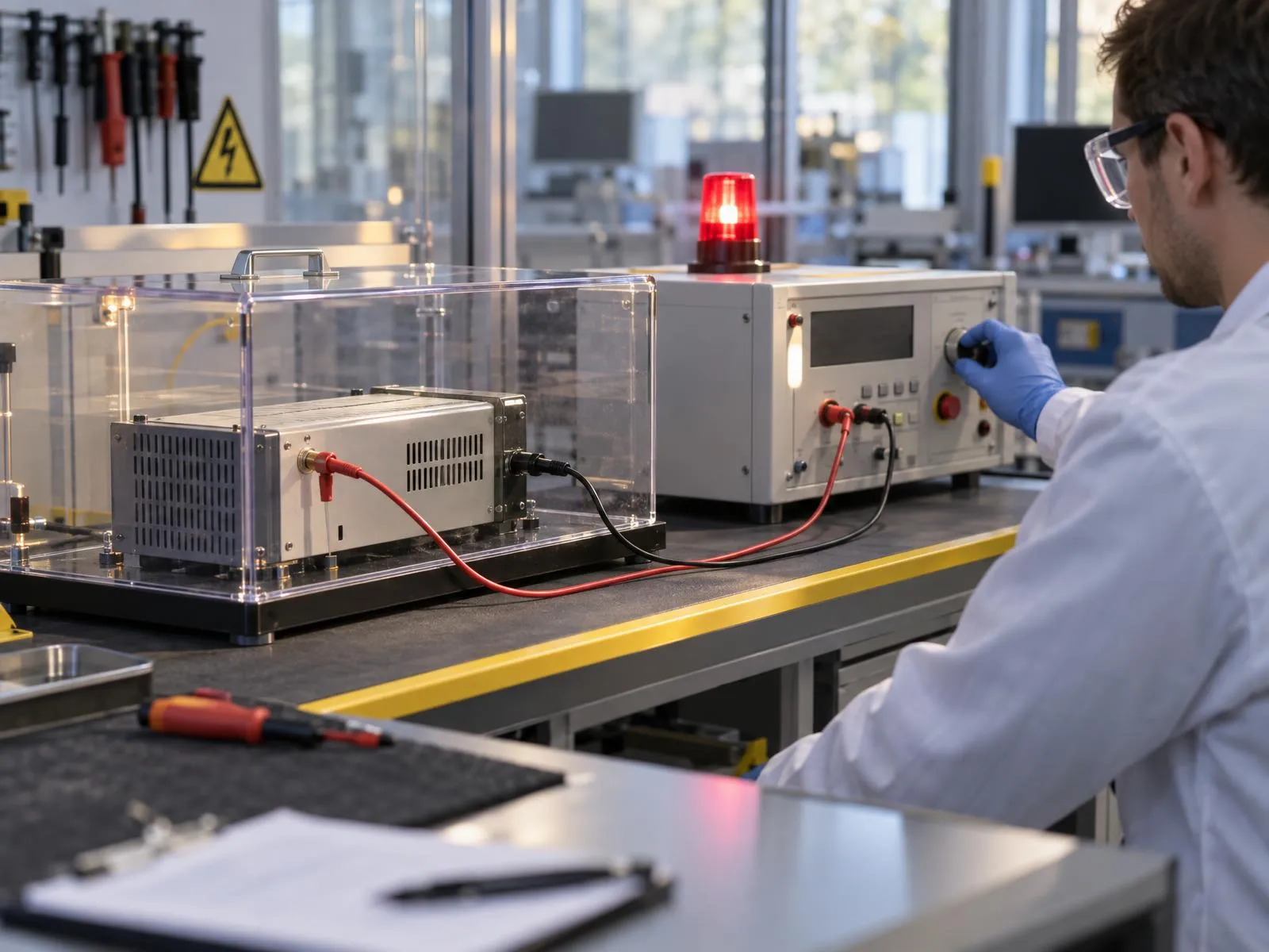 Essai de rigidité diélectrique sur un appareil placé sous capot de protection transparent