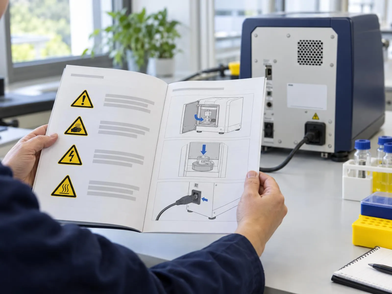 Notice d'utilisation ouverte avec pictogrammes de sécurité devant un appareil de laboratoire
