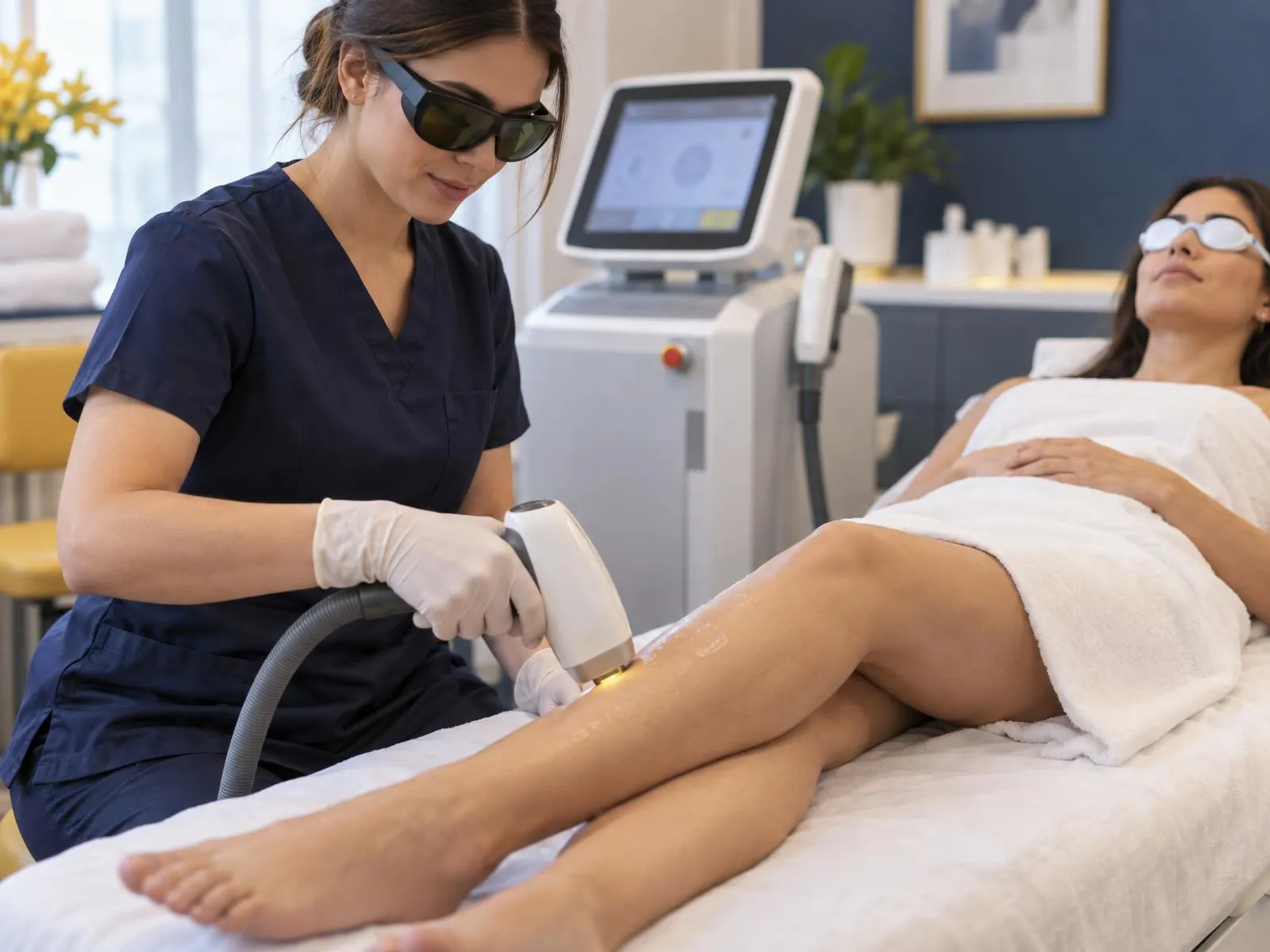 Praticienne réalisant une épilation laser, la cliente portant des lunettes de protection