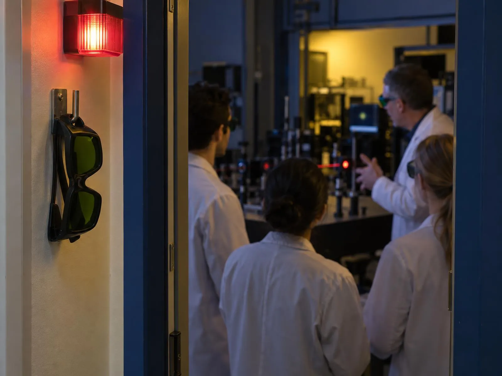 Entrée d'un laboratoire laser avec voyant allumé et lunettes de protection, petit groupe de chercheurs en formation