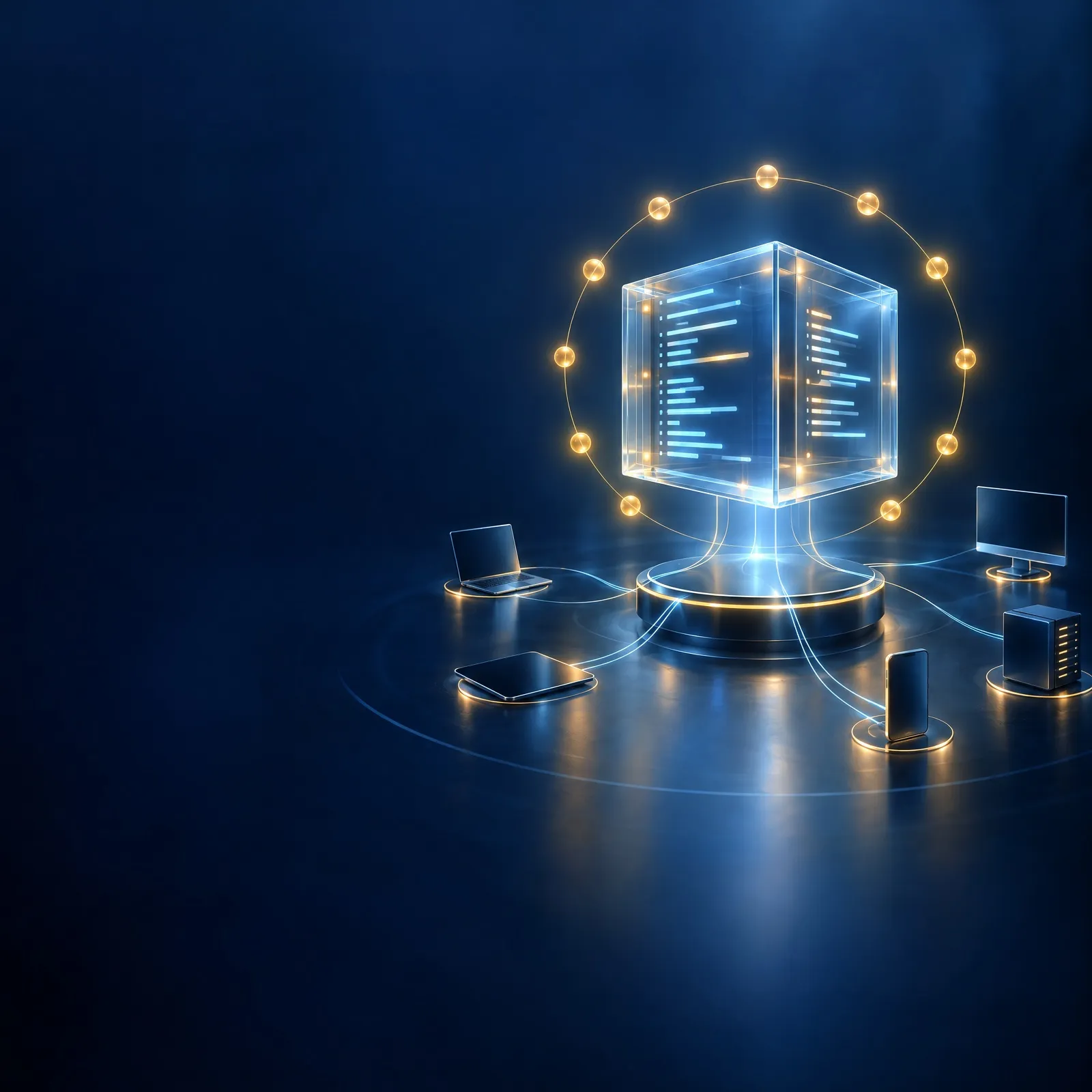 Cube de verre lumineux représentant un logiciel, relié à plusieurs appareils